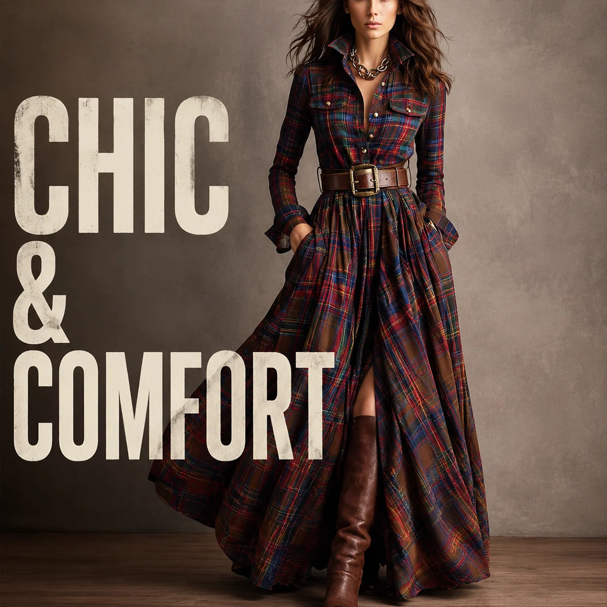 Women's Tartan Plaid Maxi Shirt Dress