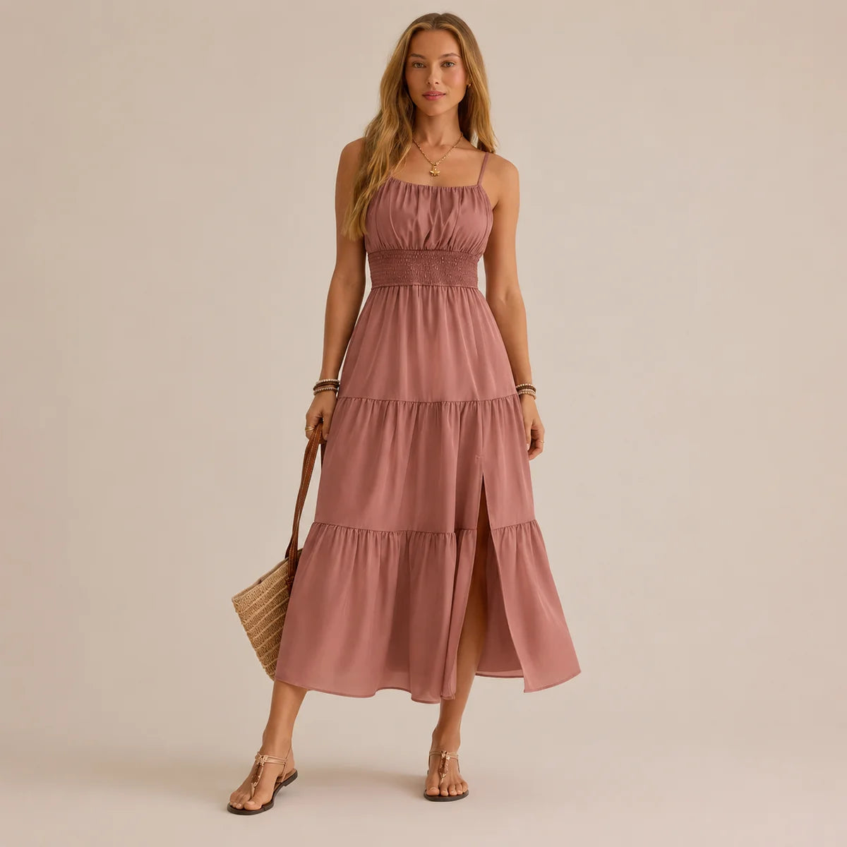 Pleated Solid Color Slim Dress