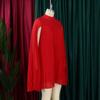 Mock Neck Pleated Chiffon Cape Shift Dress | Oyese