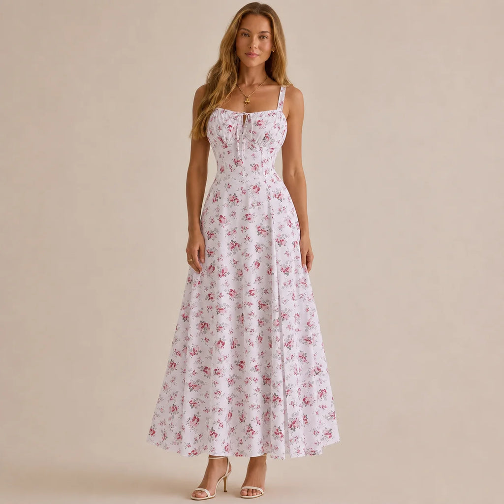Square Neck Tie Front A-Line Midi Dress – Floral & Solid Summer Dress | Oyese