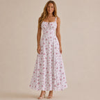 Square Neck Tie Front A-Line Midi Dress – Floral & Solid Summer Dress | Oyese