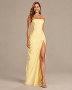Strapless Ruched Mermaid Gown – High Slit Fitted Formal Evening Dress | Oyese