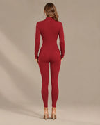 Ribbed Knit Zip-Front Long Sleeve Bodycon Jumpsuit | Oyese