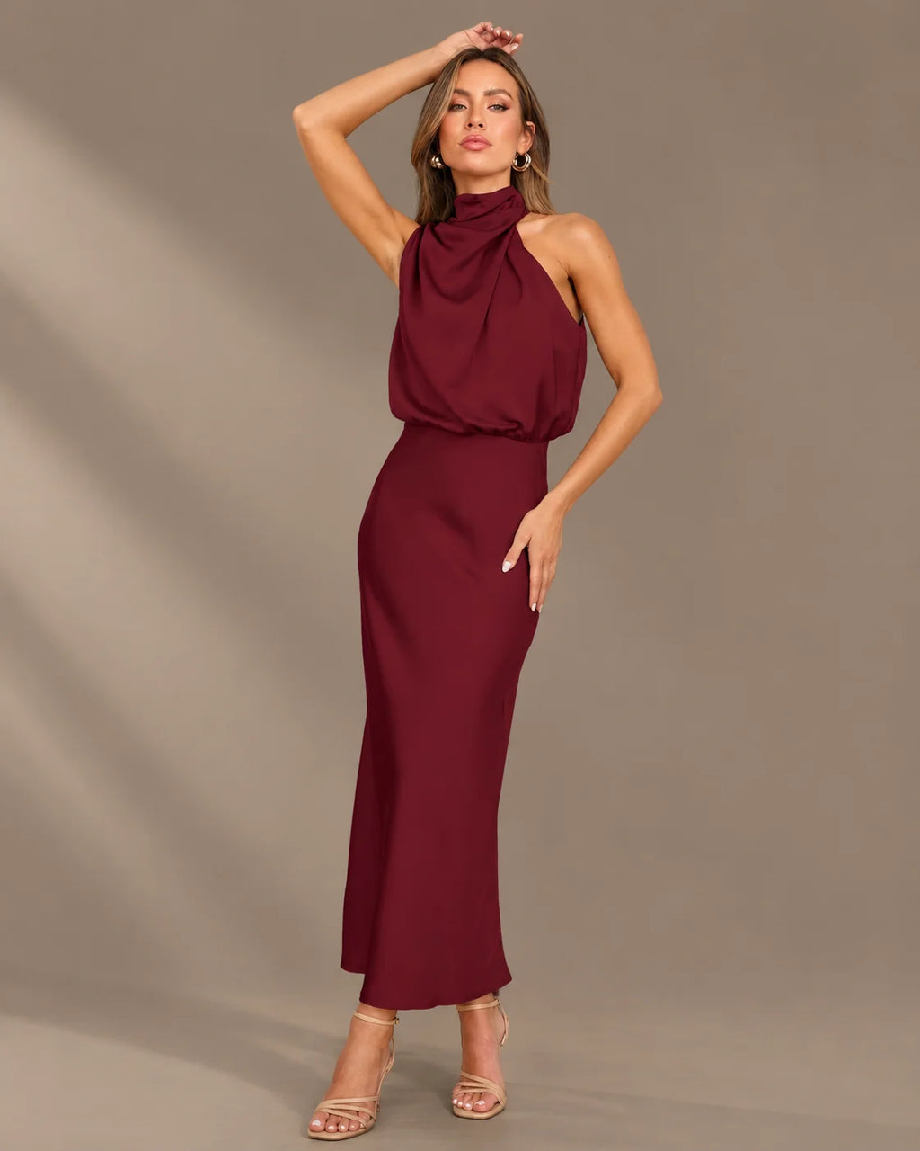 Halter Cowl Neck Draped Satin Midi Dress | Oyese