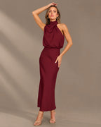 Halter Cowl Neck Draped Satin Midi Dress | Oyese
