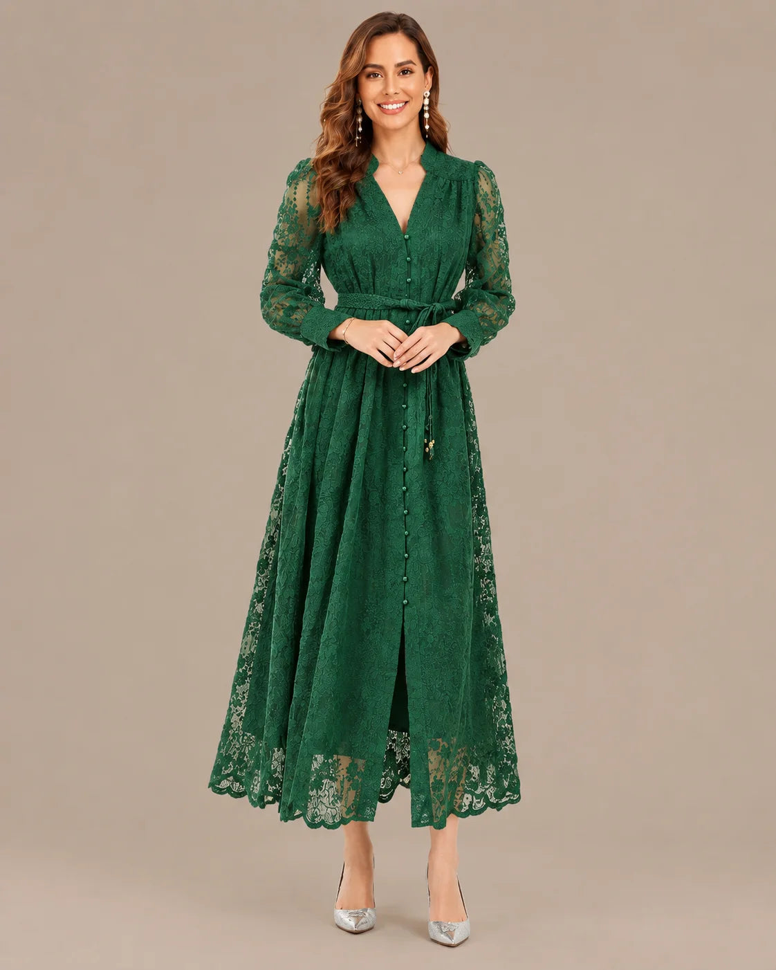 V-Neck Lace Lantern Sleeve Tasseled Belt Midi Dress | Oyese