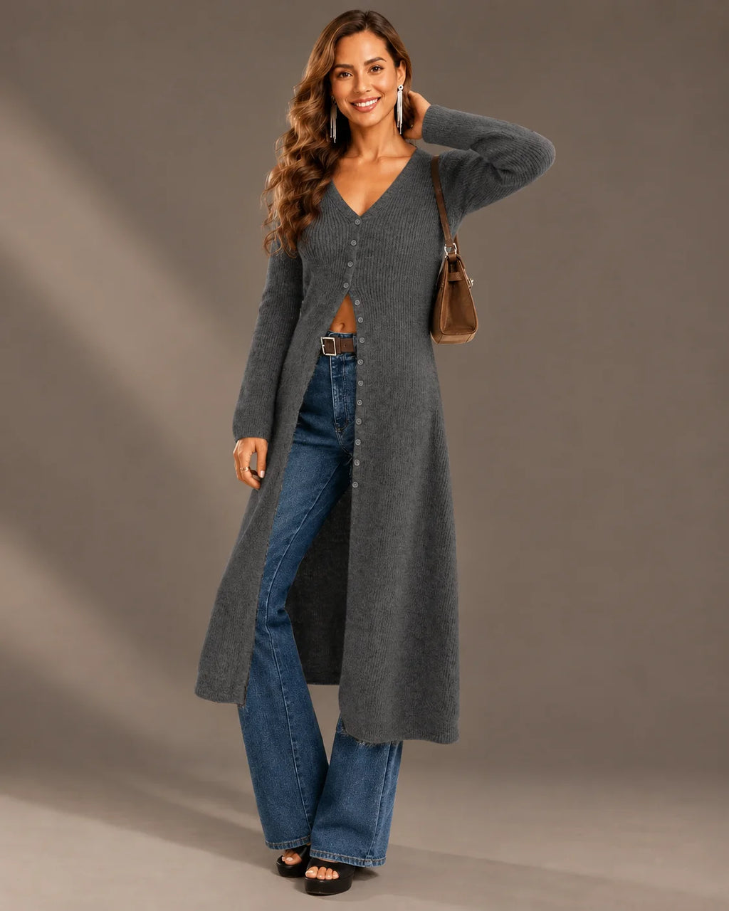 V-Neck Button Front Longline Ribbed Knit Cardigan | Oyese