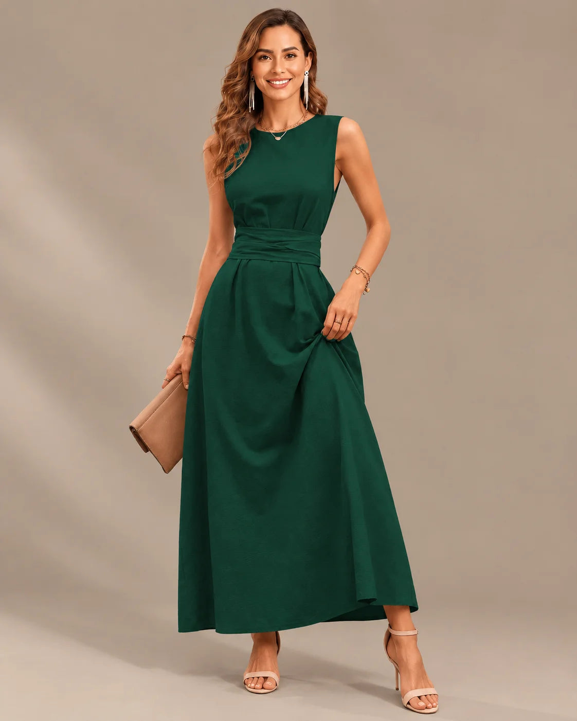 Round Neck Tie Waist Relaxed Maxi Dress – Sleeveless Textured Casual Dress | Oyese
