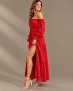 Boho Off-Shoulder Long Sleeve Tiered Maxi Dress with Side Slit | Oyese