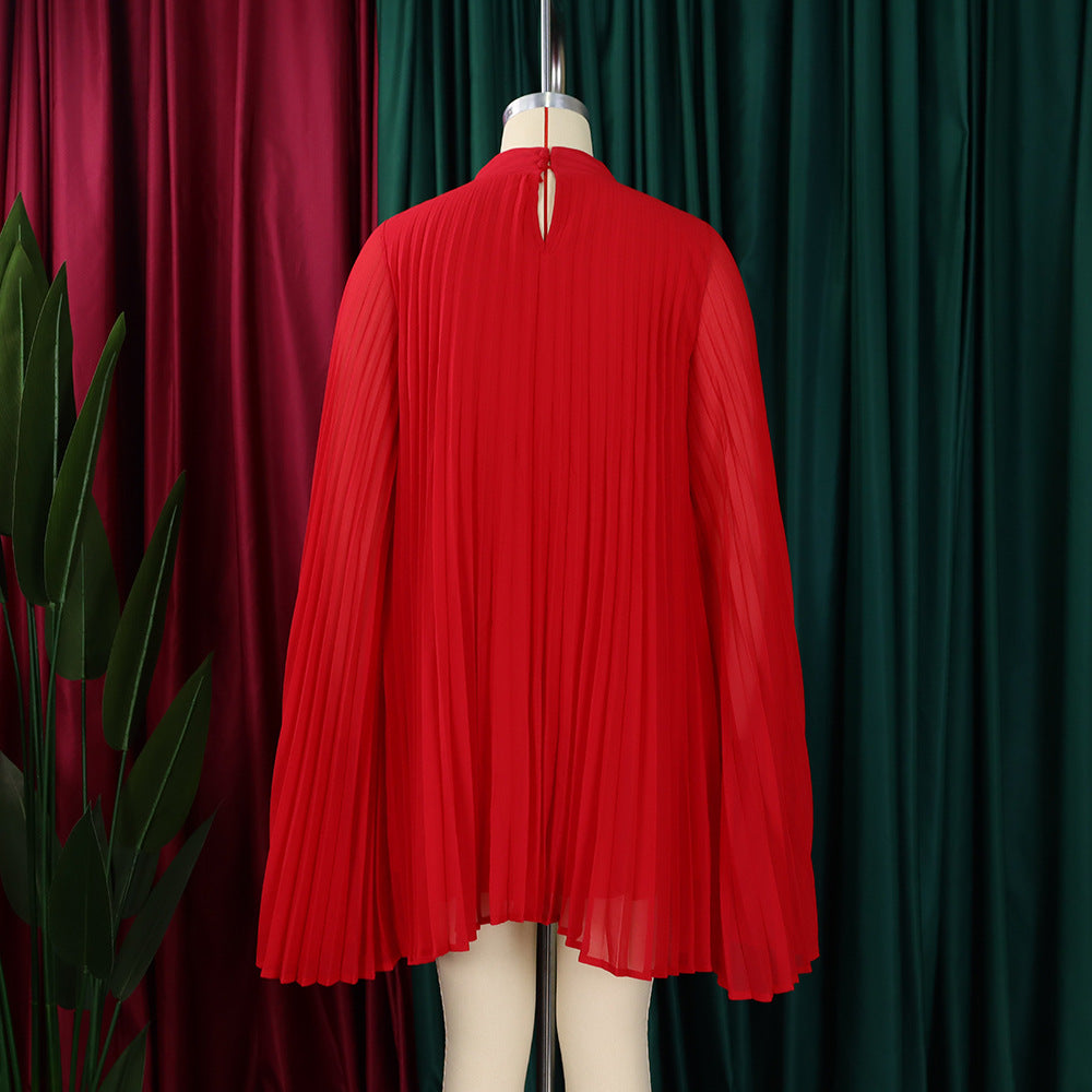 Mock Neck Pleated Chiffon Cape Shift Dress | Oyese