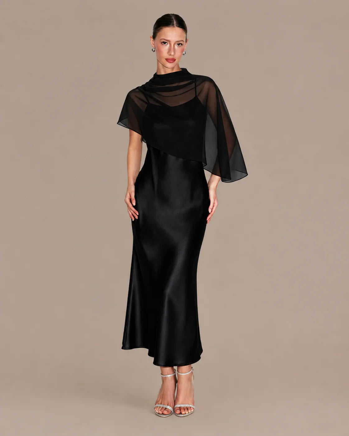 Chiffon Cape Mock Neck Satin Midi Dress – Elegant Cocktail Wedding Guest Dress | Oyese