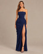 Strapless Ruched Mermaid Gown – High Slit Fitted Formal Evening Dress | Oyese