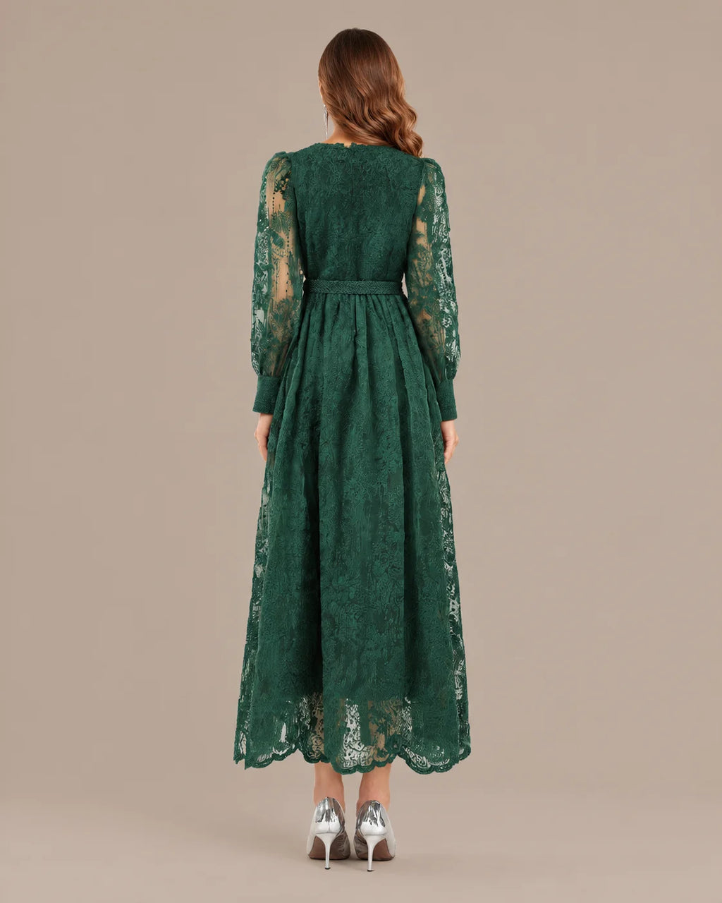 V-Neck Lace Lantern Sleeve Tasseled Belt Midi Dress | Oyese