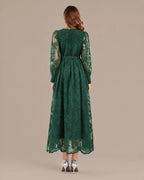 V-Neck Lace Lantern Sleeve Tasseled Belt Midi Dress | Oyese