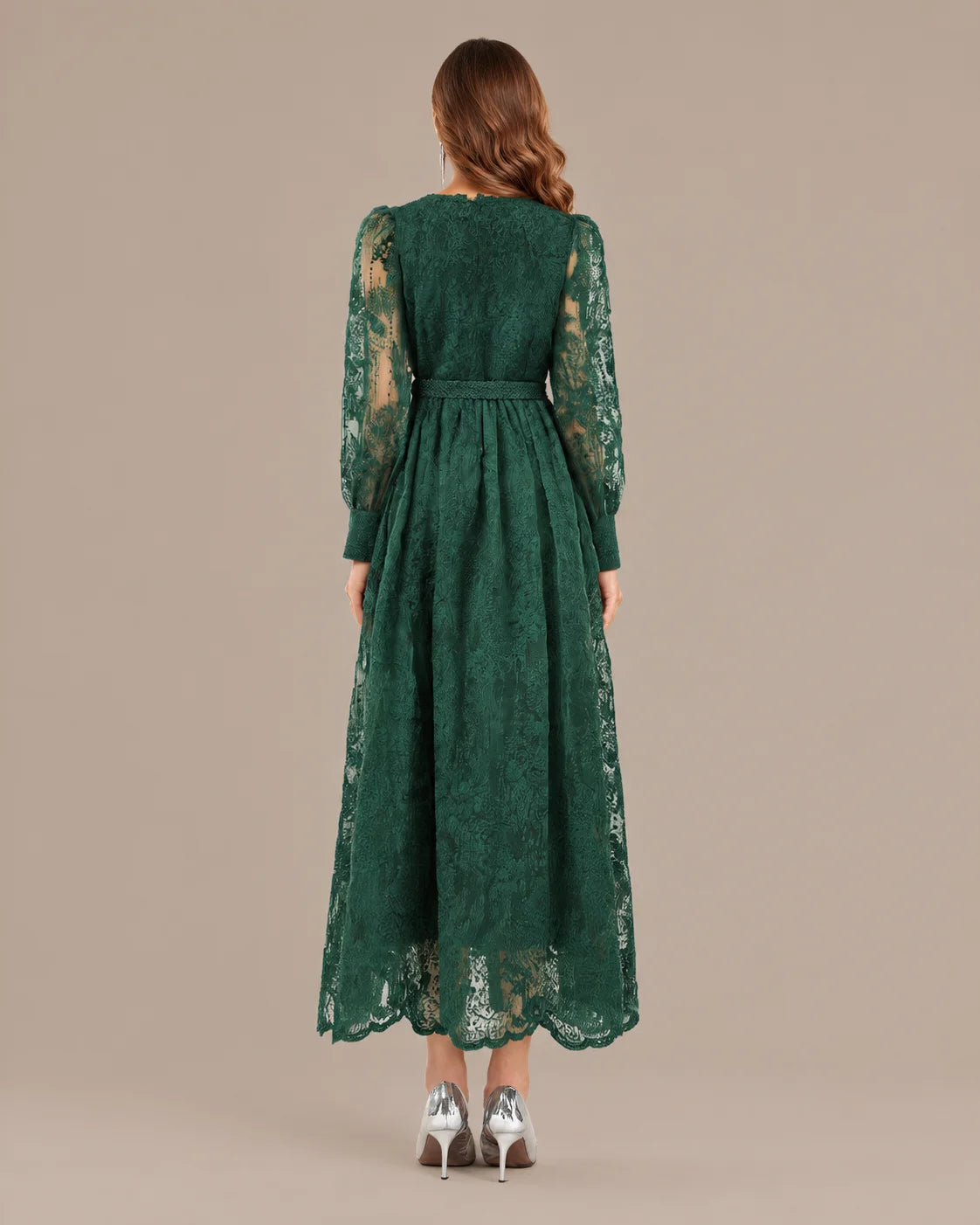 V-Neck Lace Lantern Sleeve Tasseled Belt Midi Dress | Oyese