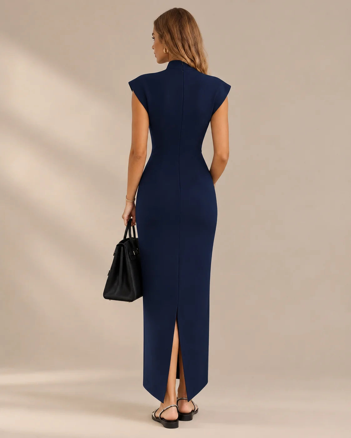 Funnel Neck Power Shoulder Sheath Midi Dress | Oyese