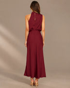 Halter Cowl Neck Draped Satin Midi Dress | Oyese