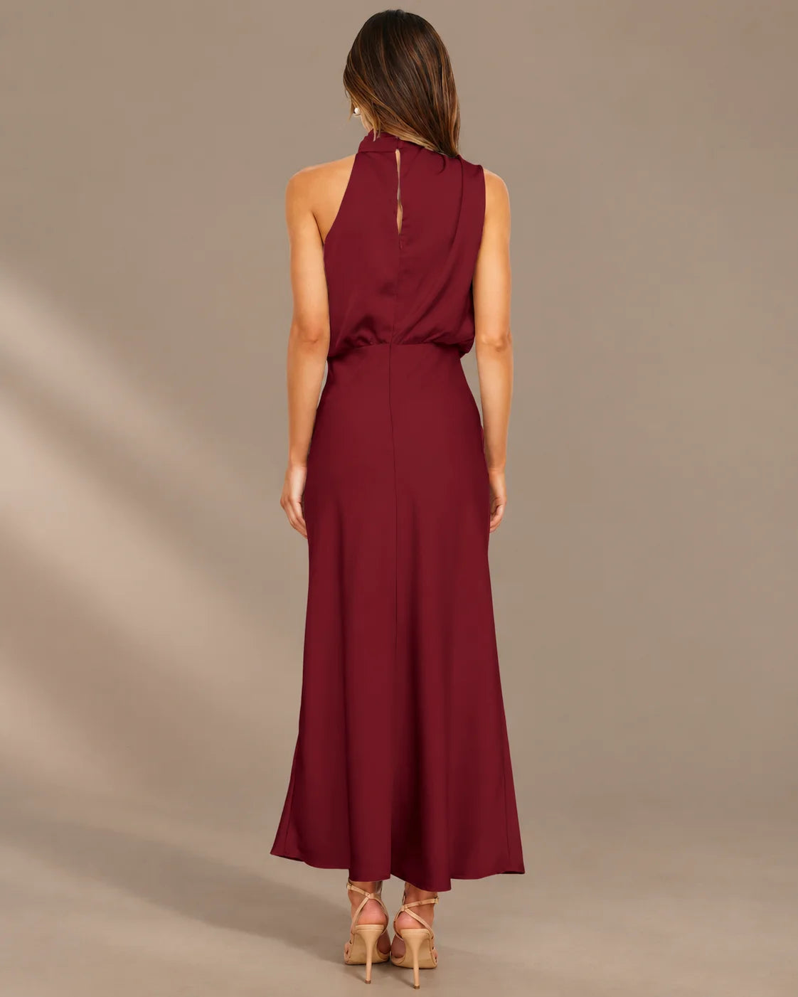 Halter Cowl Neck Draped Satin Midi Dress | Oyese