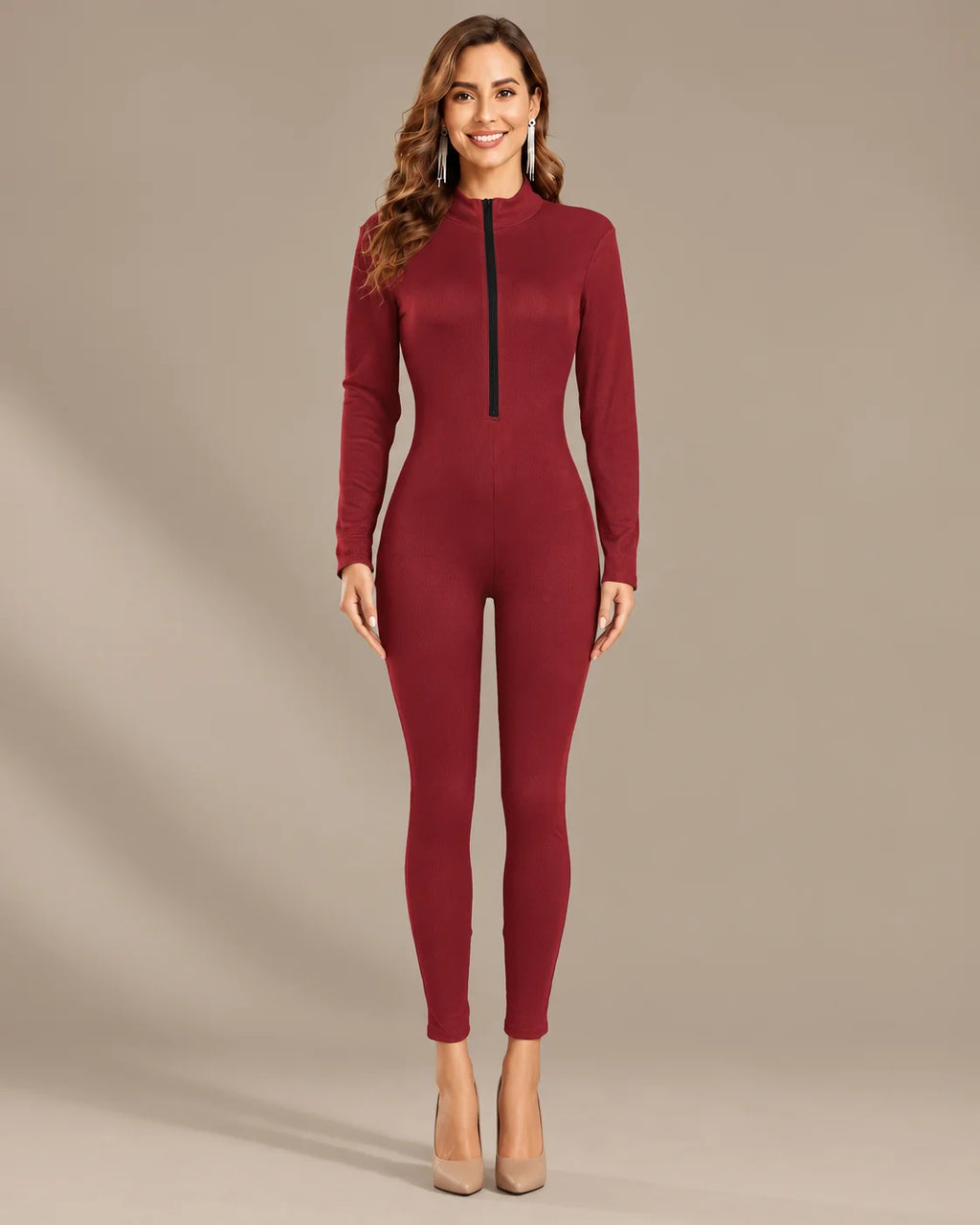 Ribbed Knit Zip-Front Long Sleeve Bodycon Jumpsuit | Oyese