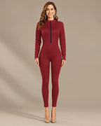 Ribbed Knit Zip-Front Long Sleeve Bodycon Jumpsuit | Oyese