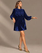 Velvet Lace Yoke Long Puff Sleeve Babydoll Mini Dress | Oyese