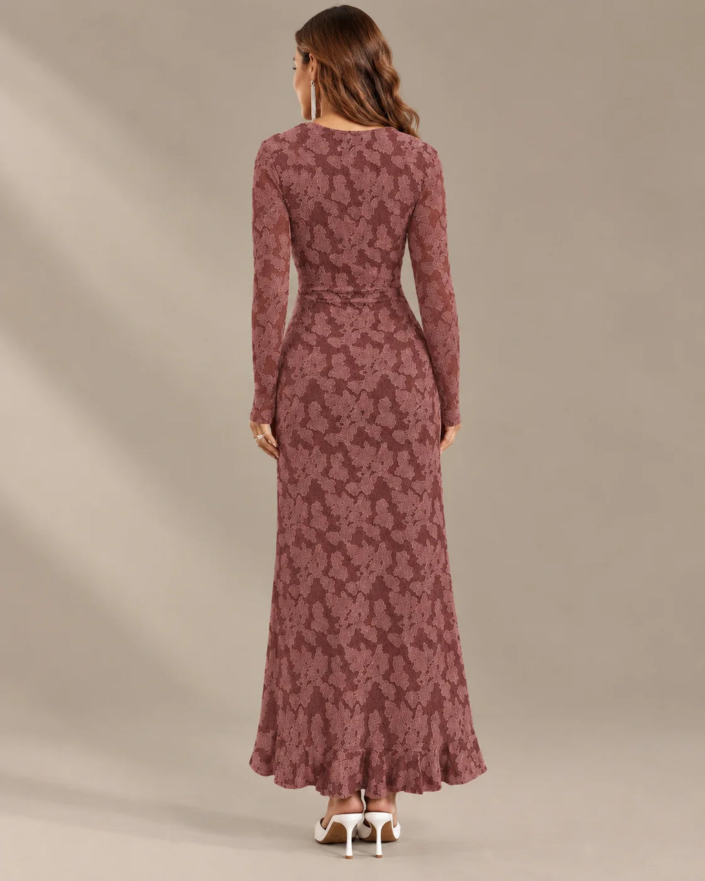 Long Sleeve Floral Lace Asymmetric Ruffle Slit Maxi Dress | Oyese