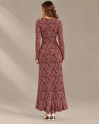 Long Sleeve Floral Lace Asymmetric Ruffle Slit Maxi Dress | Oyese
