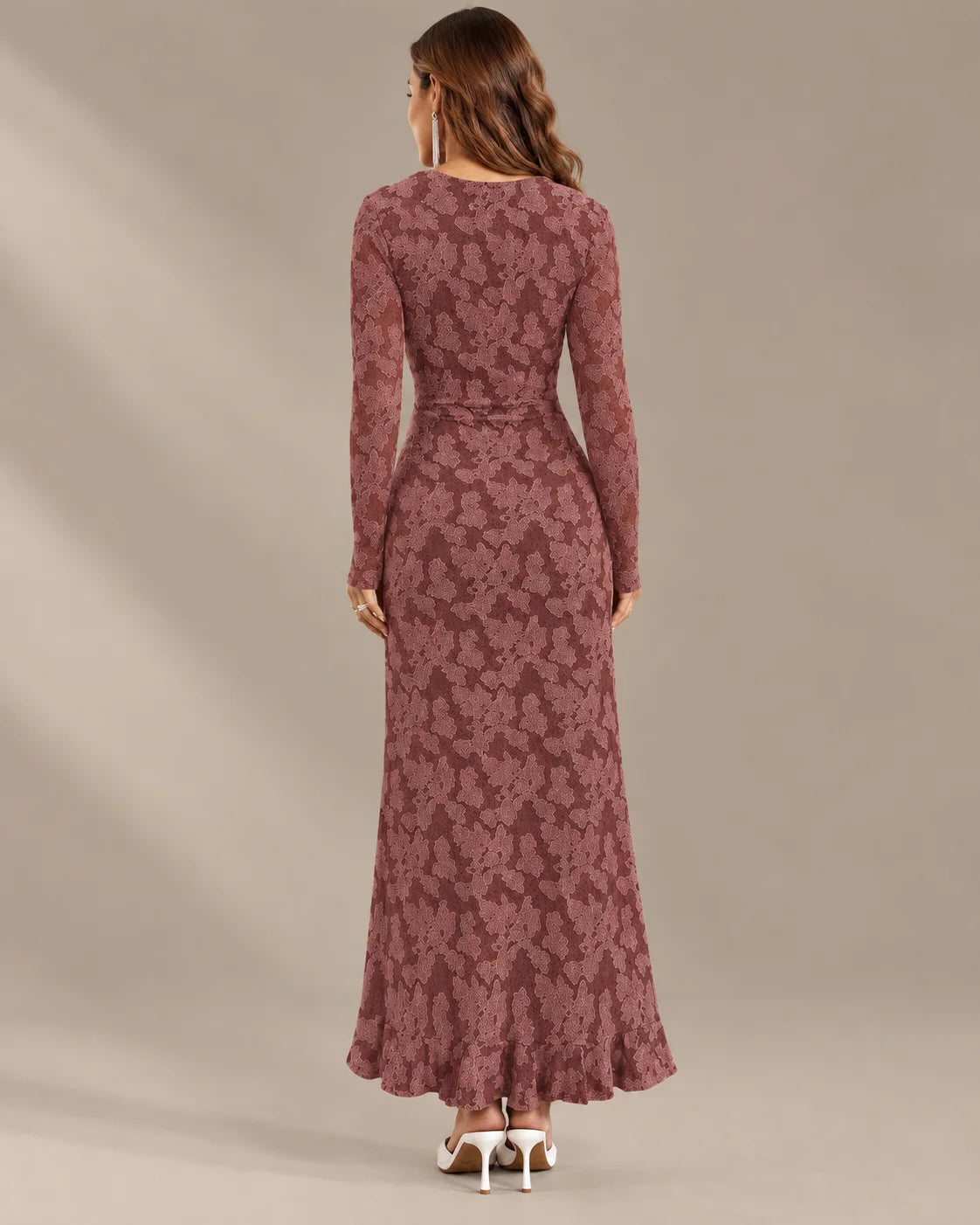 Long Sleeve Floral Lace Asymmetric Ruffle Slit Maxi Dress | Oyese