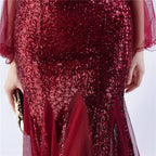 V-Neck Bell Sleeve Sequin Tulle Mermaid Evening Gown | Oyese