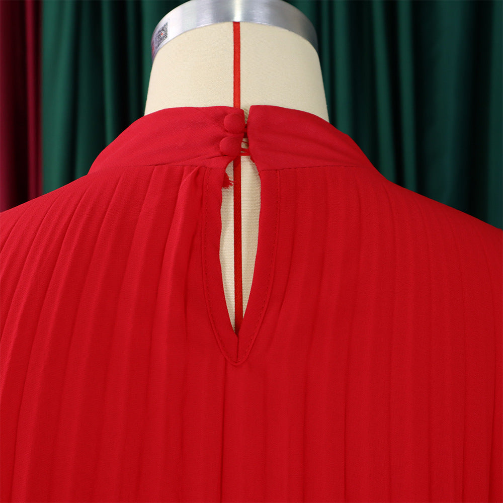 Mock Neck Pleated Chiffon Cape Shift Dress | Oyese