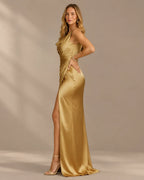 Satin Cowl Neck Ruched Maxi Dress – High Slit Evening Gown | Oyese