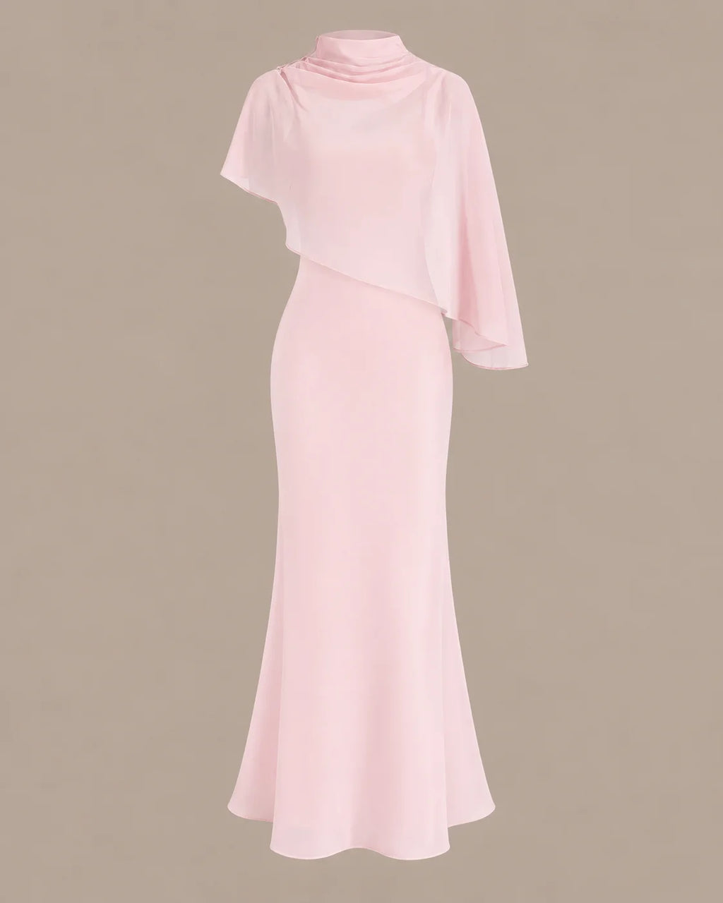Chiffon Cape Mock Neck Satin Midi Dress – Elegant Cocktail Wedding Guest Dress | Oyese