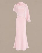 Chiffon Cape Mock Neck Satin Midi Dress – Elegant Cocktail Wedding Guest Dress | Oyese