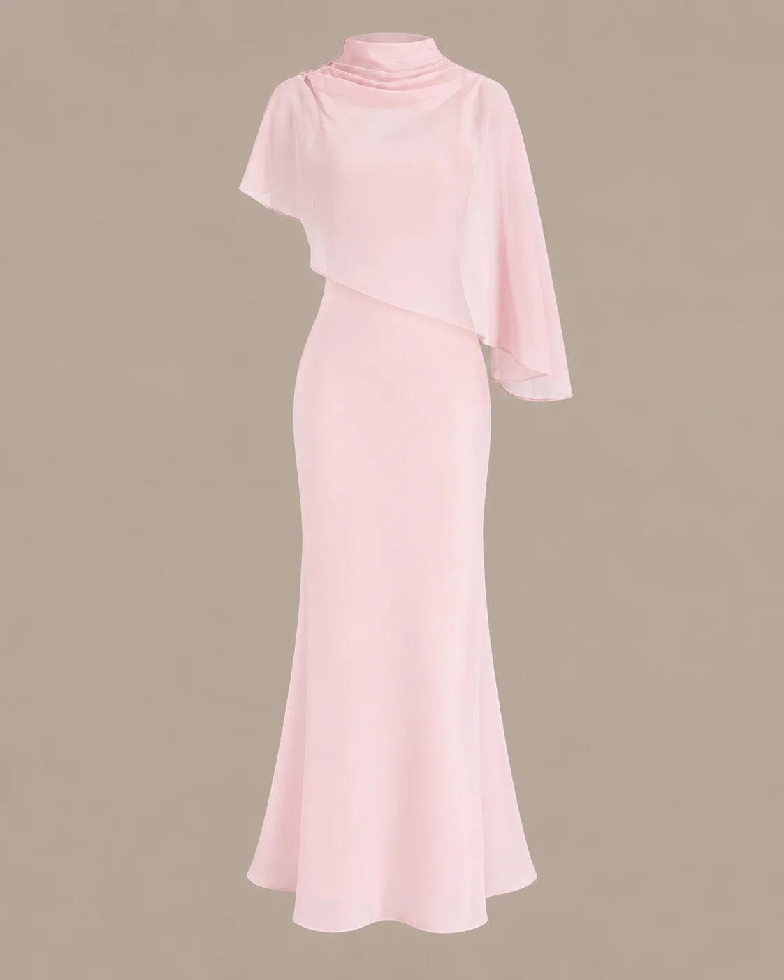 Chiffon Cape Mock Neck Satin Midi Dress – Elegant Cocktail Wedding Guest Dress | Oyese