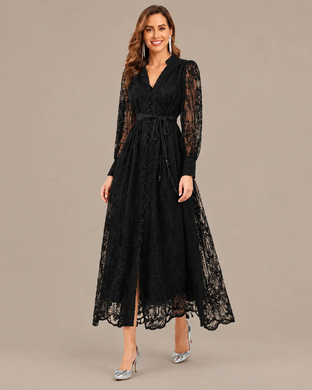 V-Neck Lace Lantern Sleeve Tasseled Belt Midi Dress | Oyese