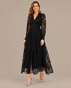 V-Neck Lace Lantern Sleeve Tasseled Belt Midi Dress | Oyese