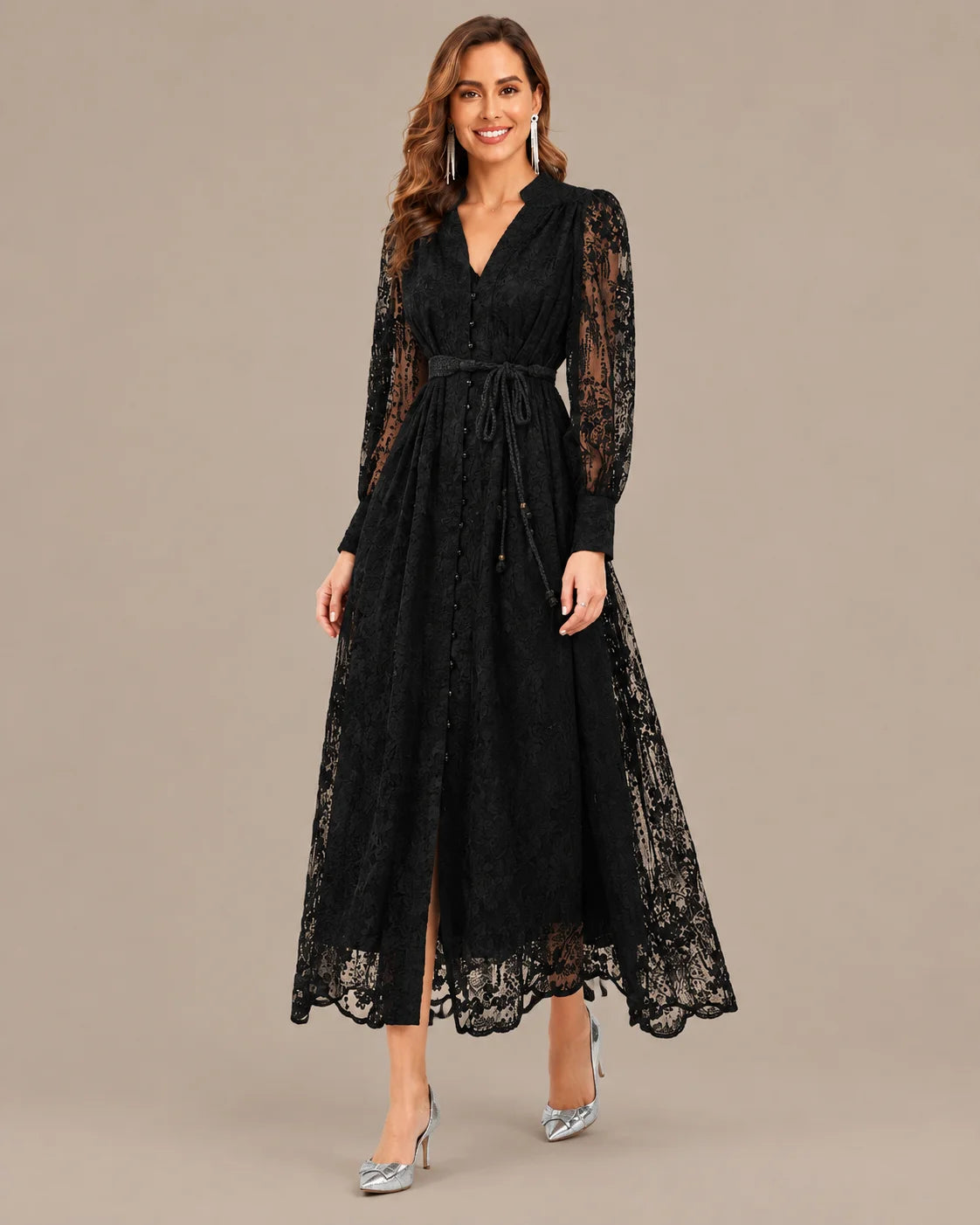 V-Neck Lace Lantern Sleeve Tasseled Belt Midi Dress | Oyese
