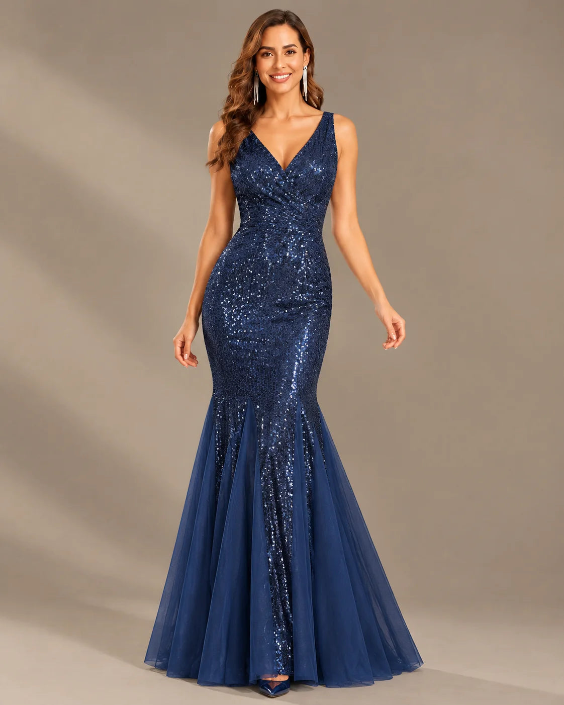 Deep V-Neck Beaded Tulle Mermaid Evening Gown | Oyese