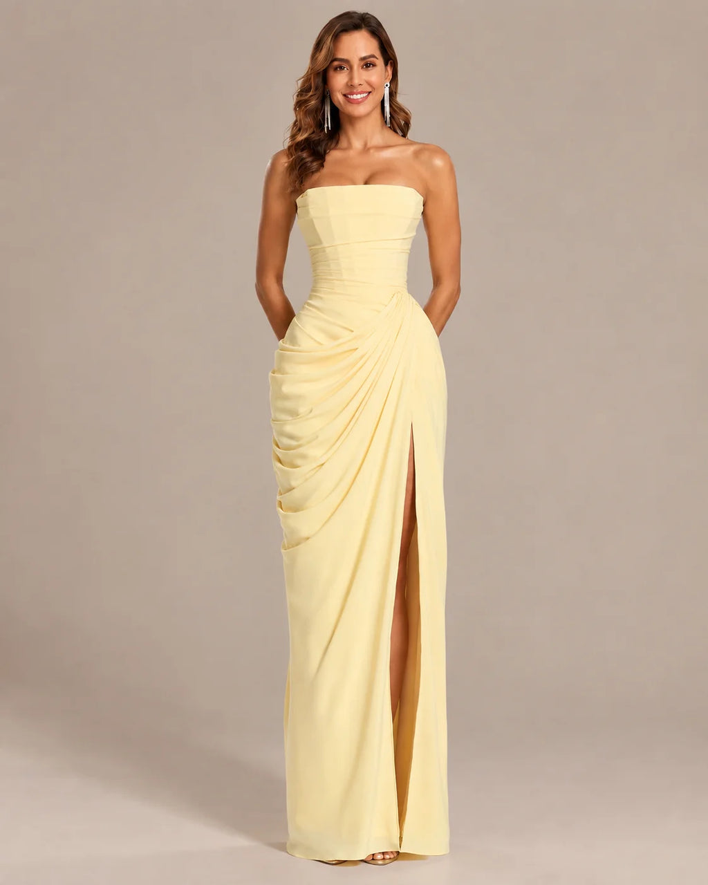 Strapless Ruched Mermaid Gown – High Slit Fitted Formal Evening Dress | Oyese
