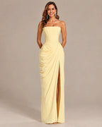 Strapless Ruched Mermaid Gown – High Slit Fitted Formal Evening Dress | Oyese
