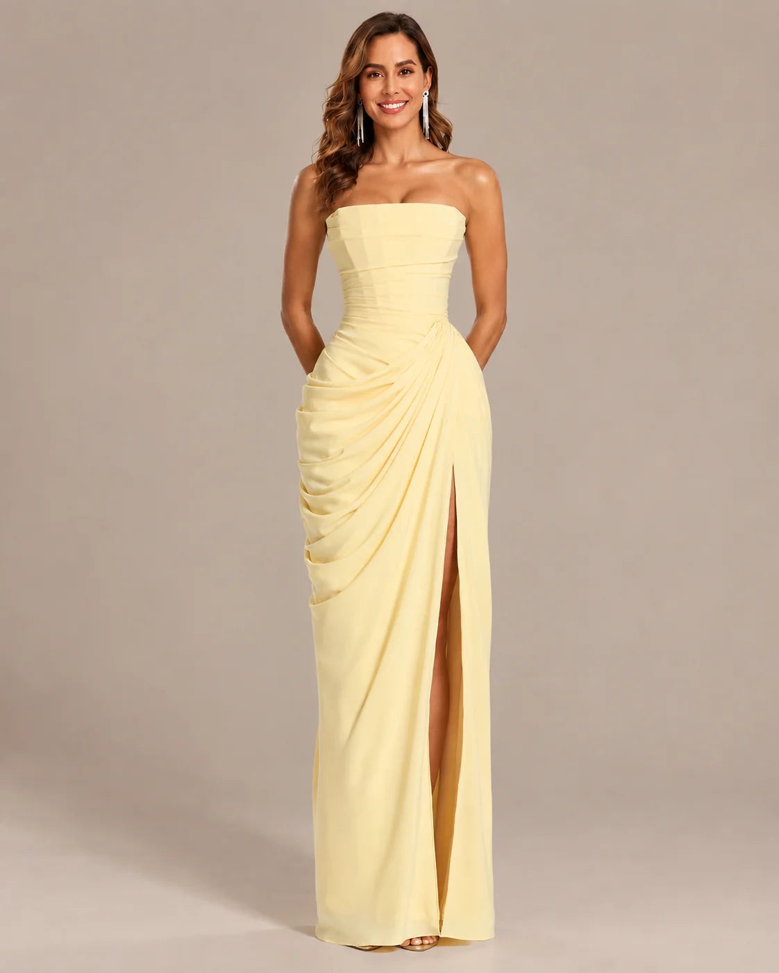 Strapless Ruched Mermaid Gown – High Slit Fitted Formal Evening Dress | Oyese