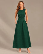 Round Neck Tie Waist Relaxed Maxi Dress – Sleeveless Textured Casual Dress | Oyese