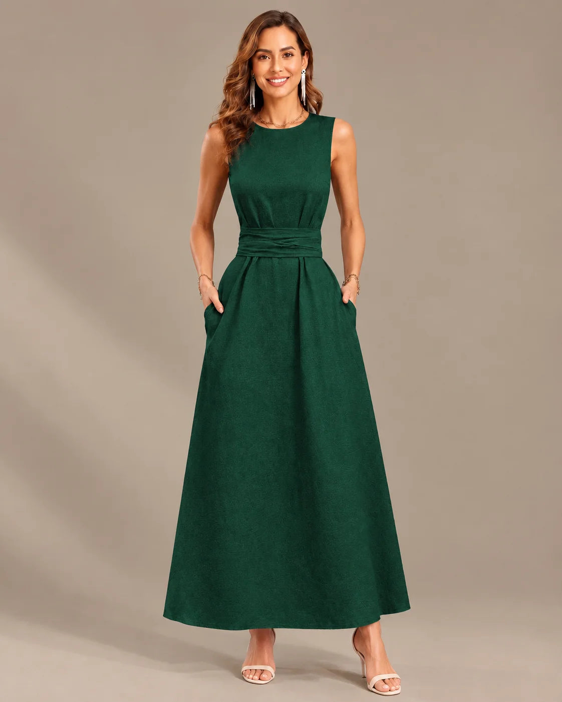 Round Neck Tie Waist Relaxed Maxi Dress – Sleeveless Textured Casual Dress | Oyese