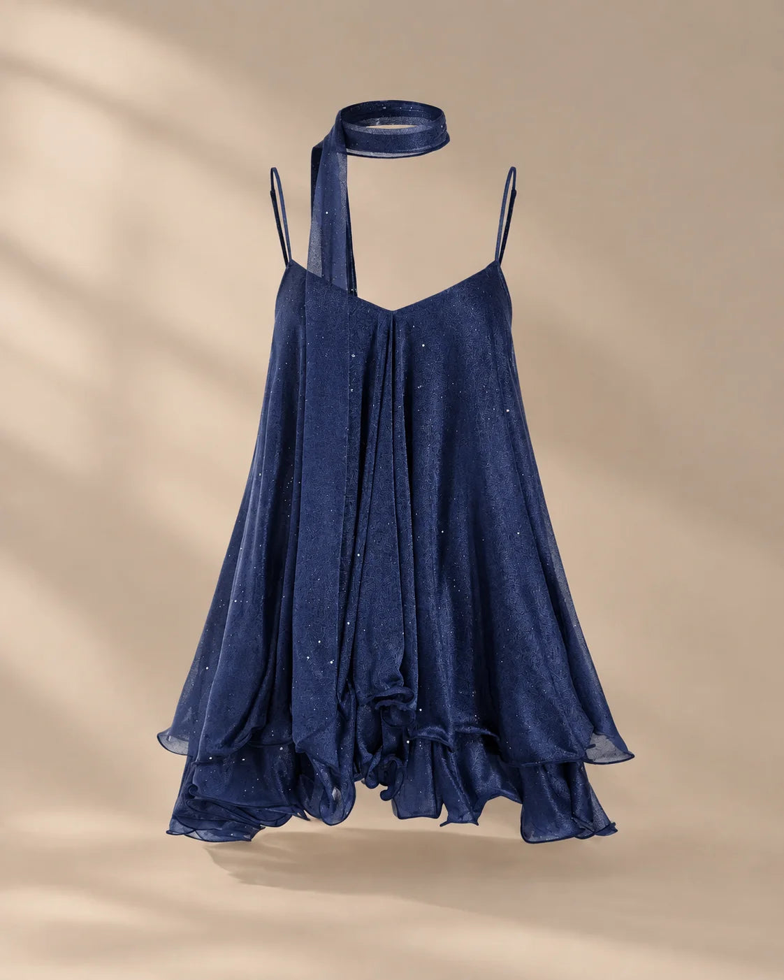 Chiffon Cami Mini Dress with Neck Scarf – Loose Ruffle Hem Party Dress | Oyese