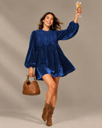 Velvet Lace Yoke Long Puff Sleeve Babydoll Mini Dress | Oyese