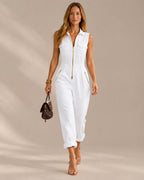 Sleeveless Collared Utility Jumpsuit with Flap Pockets | Oyese
