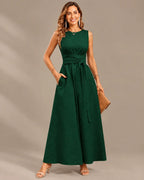 Round Neck Tie Waist Relaxed Maxi Dress – Sleeveless Textured Casual Dress | Oyese