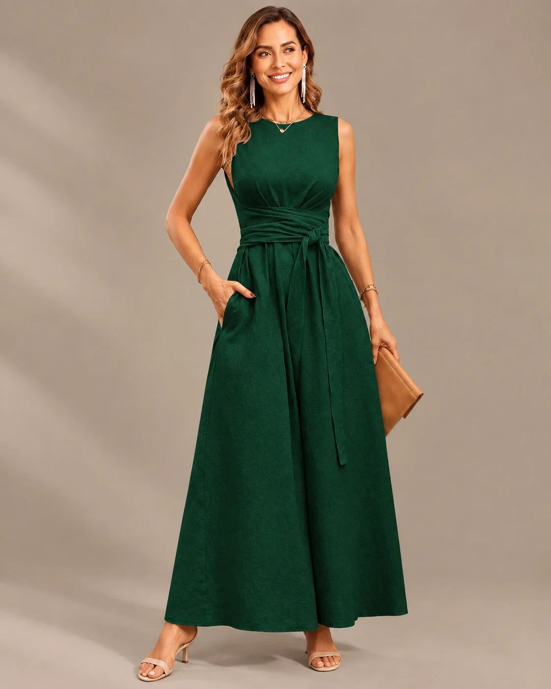 Round Neck Tie Waist Relaxed Maxi Dress – Sleeveless Textured Casual Dress | Oyese