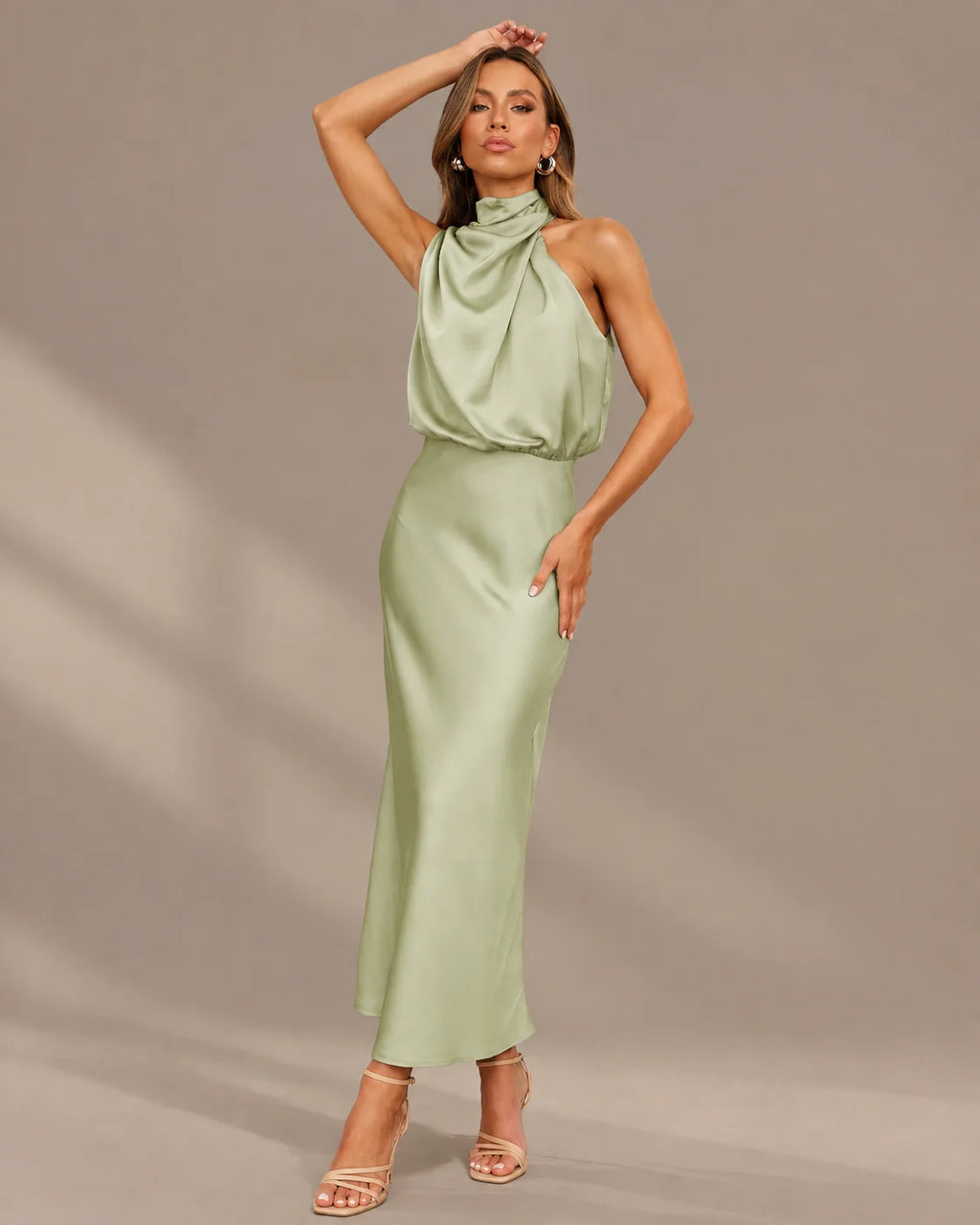 Halter Cowl Neck Draped Satin Midi Dress | Oyese