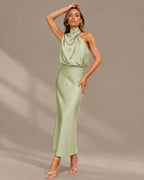 Halter Cowl Neck Draped Satin Midi Dress | Oyese